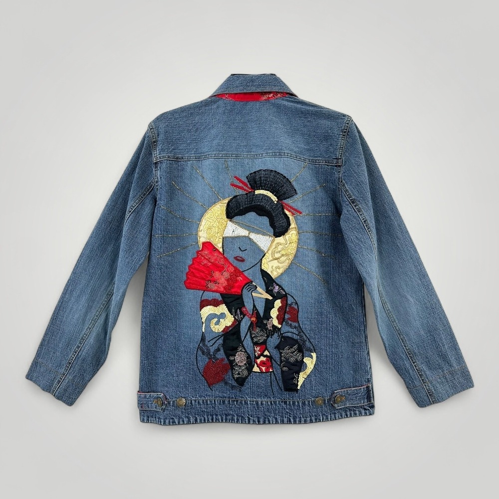 Chicos Design Jacket Womens SMALL (Chicos 0) Blue Denim Embroidered Geisha Boho